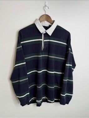 Christopher Rand Long Sleeve Rugby Polo Shirt Green Navy Striped Size Large